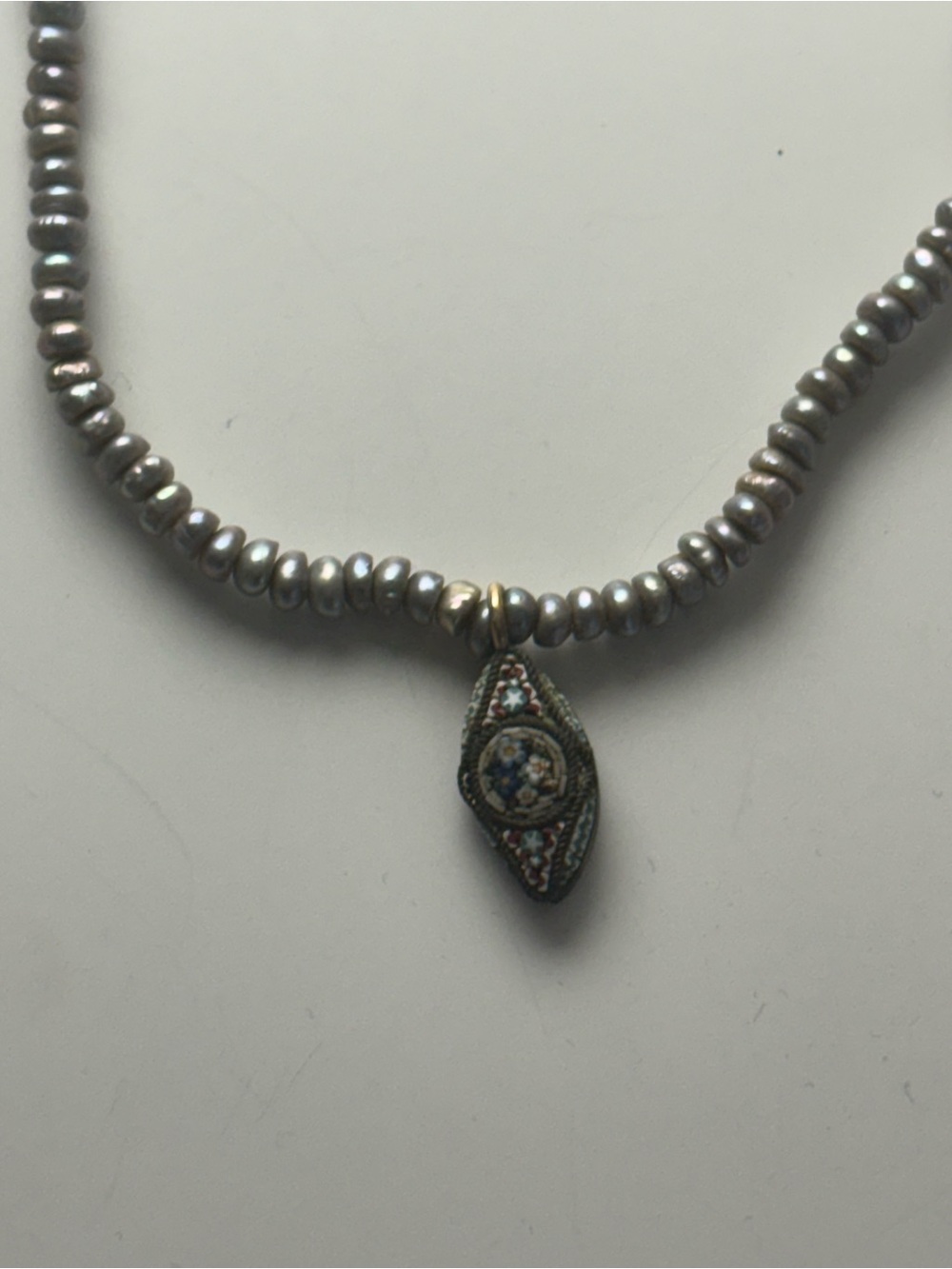 Navajo Pearl Necklace with Micro-Mosaic Teardrop Pendant